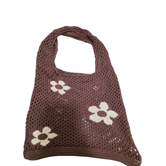 Urban Outfitters Crochet Brown Mesh Shoulder Bag Cream Floral Pattern Size M - Picture 1 of 9